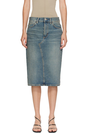 Blue Faded Denim Midi Skirt