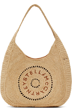 Beige Logo Raffia Slouchy Medium Tote