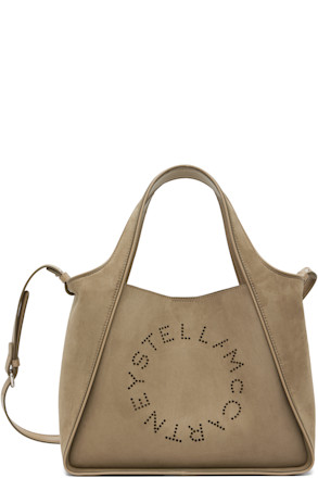 Khaki Faux-Suede Logo & Piping Crossbody Tote