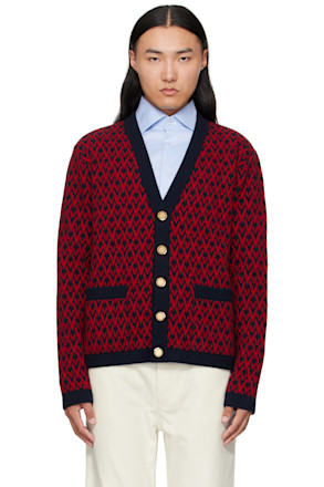 Red & Navy Wool 'Toute La V' Cardigan