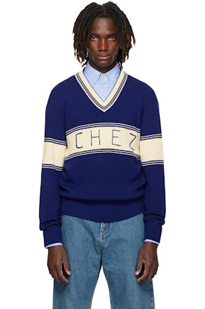 Navy & Beige 'Chez Valentino' Jacquard Pattern Sweater