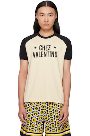 Beige & Black 'Chez Valentino' Print Cotton T-shirt