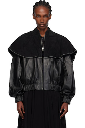 Black Oversized Collar Leather Bomber Jacket