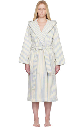 Off-White & Blue Terry Hooded Bathrobe