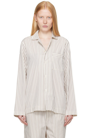 Off-White & Brown Poplin Long-Sleeved Pyjama Shirt
