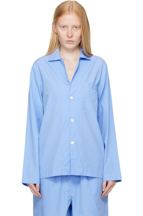 Blue Poplin Long-Sleeved Pyjama Shirt