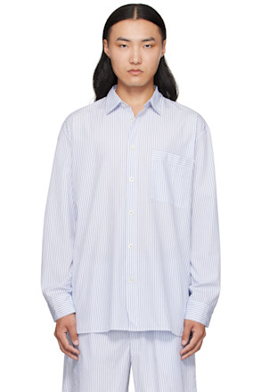 White & Blue Poplin Long-Sleeved Pyjama Shirt