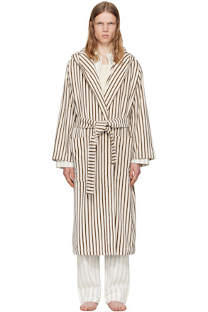 Off-White & Brown Terry Hooded Bathrobe