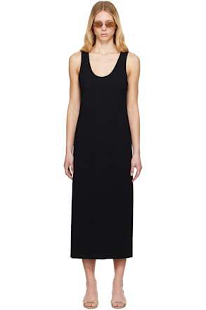 Black Cotton Silk Stretch Knit Midi Dress
