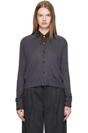 Gray Kid Mohair Sheer Knit Shirt Cardigan