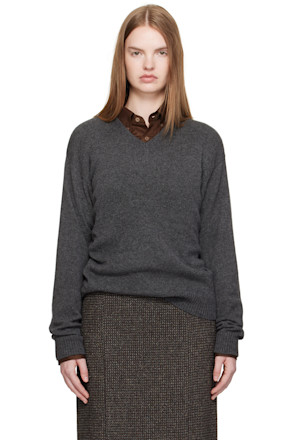 Gray Light Cashmere Knit V-Neck Sweater
