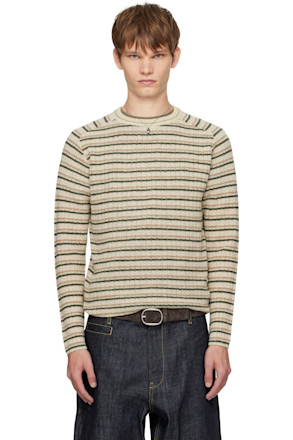 Beige Shetland Wool Cashmere Rib Knit Sweater