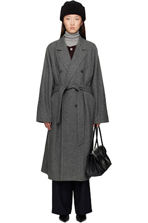 Gray Double-Breasted Belted Coat
