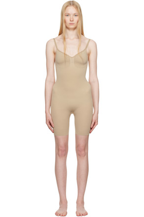 Beige Seamless Sculpt Mid Thigh Bodysuit