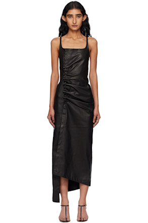 Black Draped Leather Midi Dress