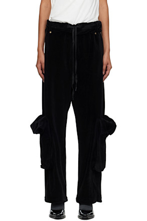 Black Rolled Waist Velour Cargo Pants