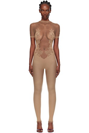 Beige Leaves Fishnet Jumpsuit
