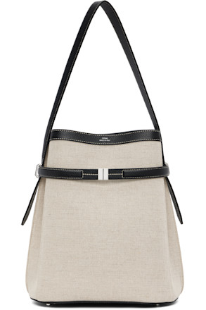Beige & Black Belted Canvas Bucket Bag