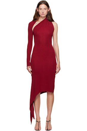 Burgundy One Shoulder Crepe Jersey Midi Dress