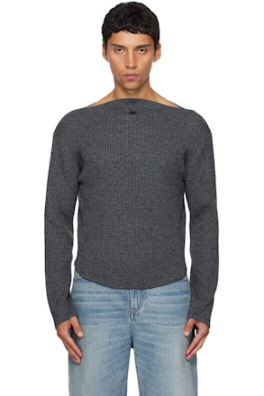 Gray Boatneck Ribbed Wool Sweater