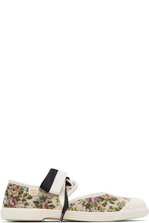 Beige Bow Floral Jacquard Sneakers