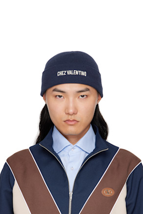 Navy 'Chez Valentino' Knitted Wool Beanie
