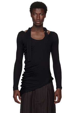 Black Ribbed Twisted Double Layer Piercing T-shirt