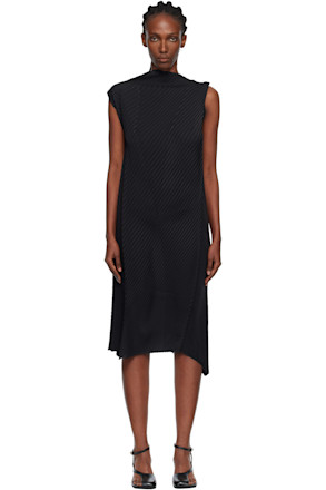 Black Soft Fold Pleats Midi Dress