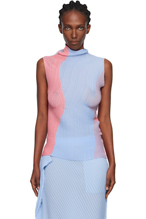 Blue & Pink Abstract Tint Pleats Tank Top