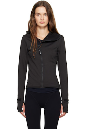 Black Hooded Fitted Grid Fleece Jacket