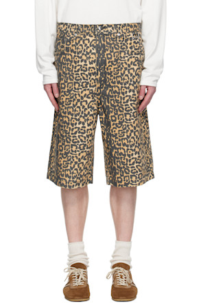 Beige Leopard Traxedo Baggy Denim Shorts