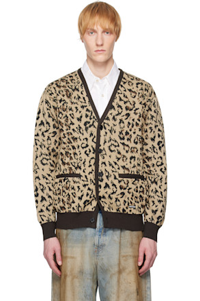 Beige Leopard Jacquard Knit Cardigan
