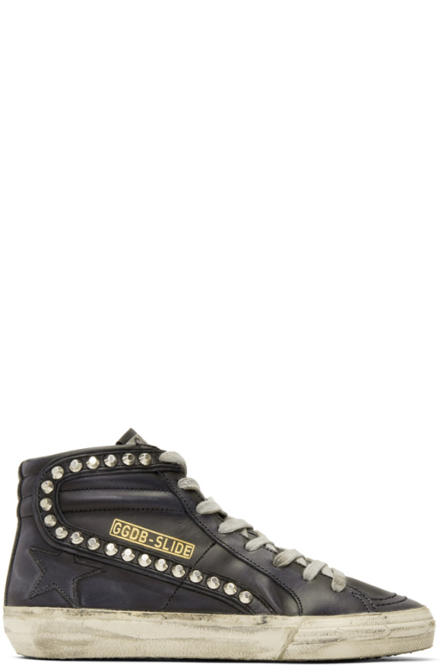 golden goose black leather studded slide sneakers
