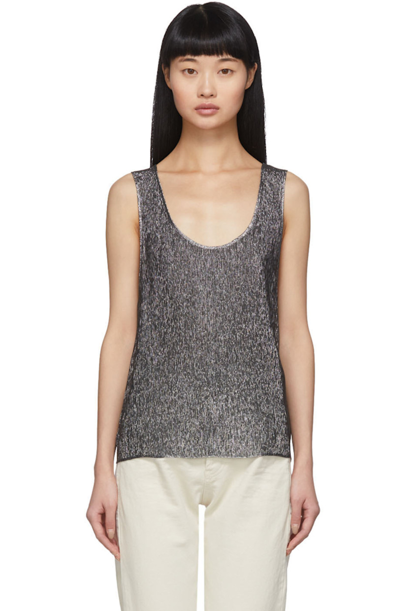 Sleeveless ribbed silk-blend lamé jersey tank top in silver-tone. Crewneck collar. Unlined. 

Supplier color: Silver
