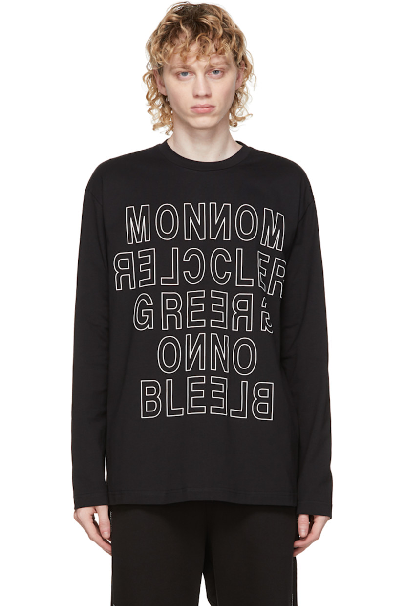 Long sleeve cotton jersey T-shirt in black. Rib knit crewneck collar. Logo printed in white at front and sleeve. Tonal rubberized logo patch at back hem.

Supplier color: Black