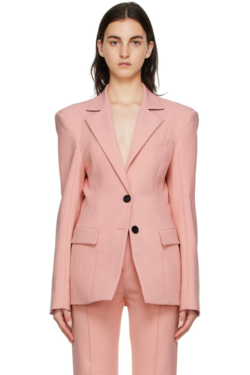Double-faced stretch polyester and virgin wool-blend canvas blazer. 

· Notched lapel 
· Two-button closure
· Welt pocket and flap pockets 
· Four-button surgeon's cuffs
· Central vent at back hem 
· Fully lined

Supplier color: Pink