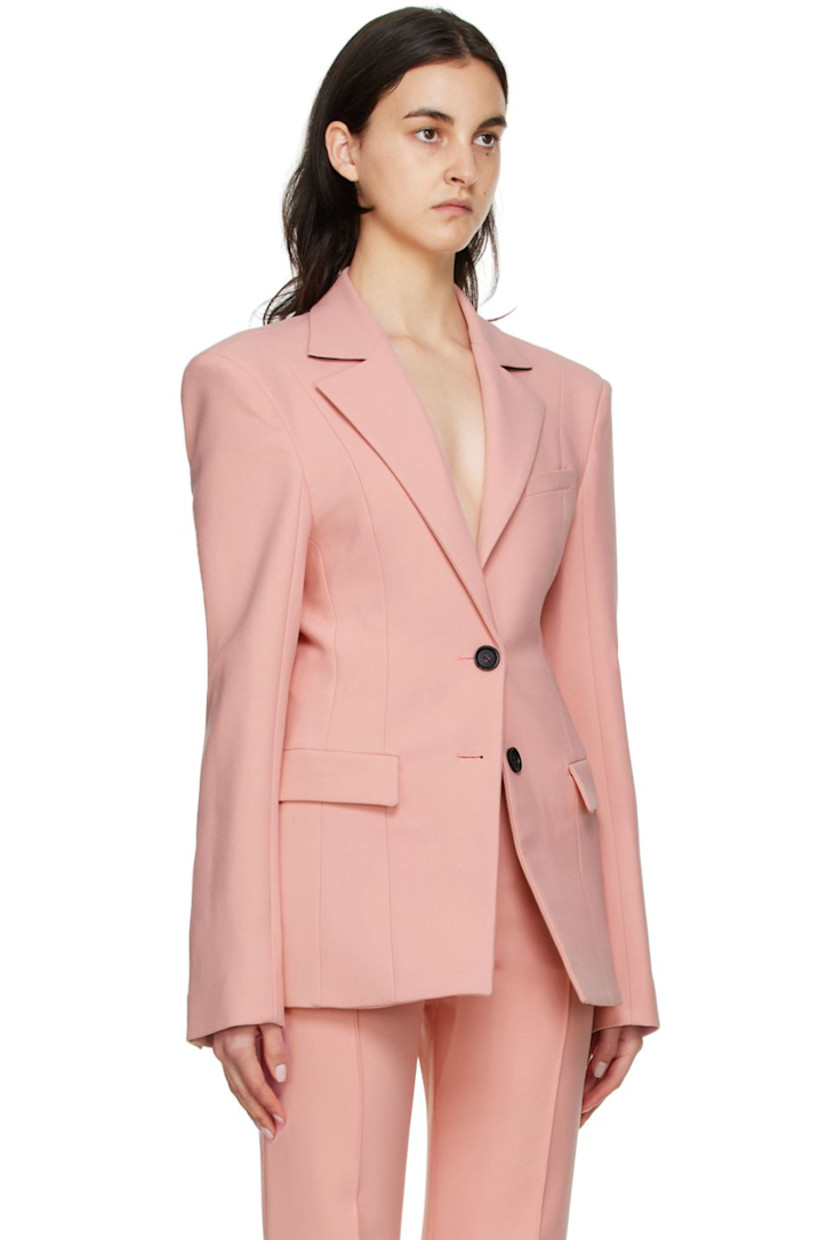 Double-faced stretch polyester and virgin wool-blend canvas blazer. 

· Notched lapel 
· Two-button closure
· Welt pocket and flap pockets 
· Four-button surgeon's cuffs
· Central vent at back hem 
· Fully lined

Supplier color: Pink