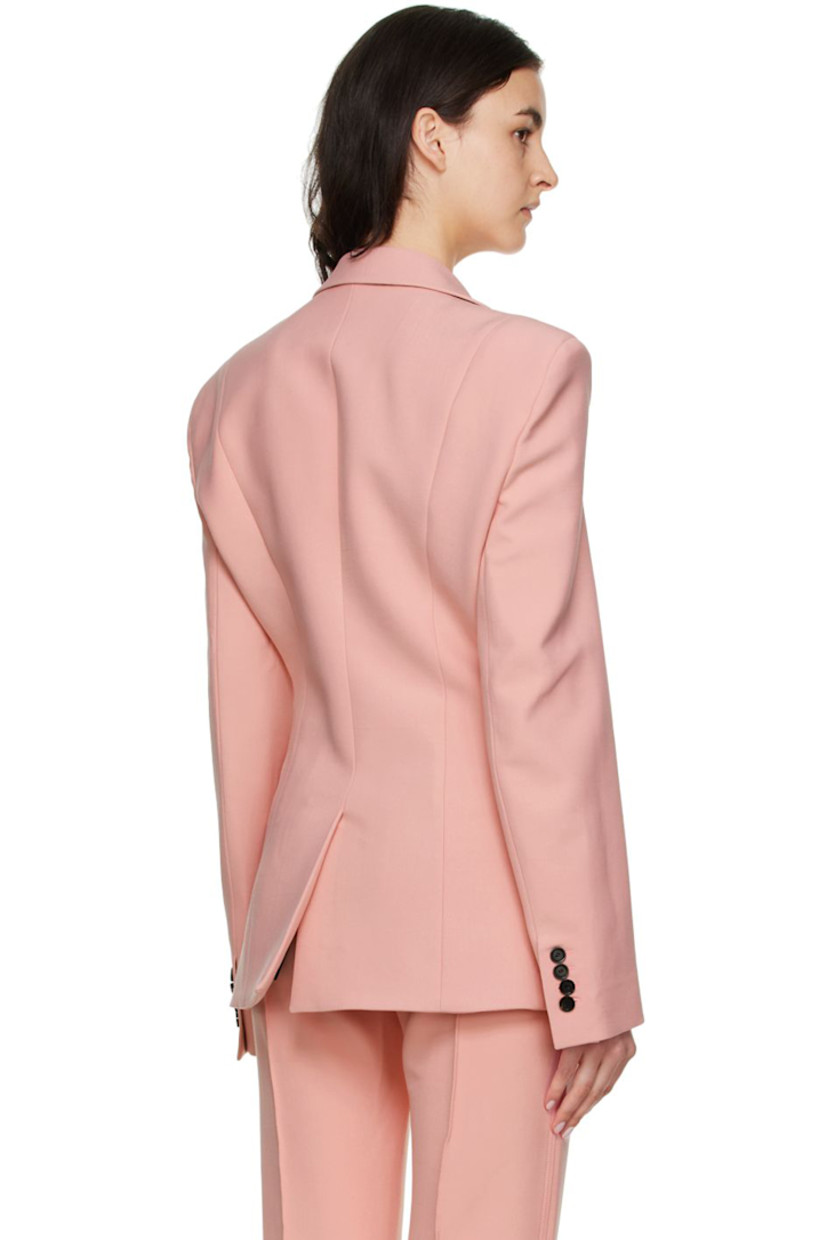 Double-faced stretch polyester and virgin wool-blend canvas blazer. 

· Notched lapel 
· Two-button closure
· Welt pocket and flap pockets 
· Four-button surgeon's cuffs
· Central vent at back hem 
· Fully lined

Supplier color: Pink