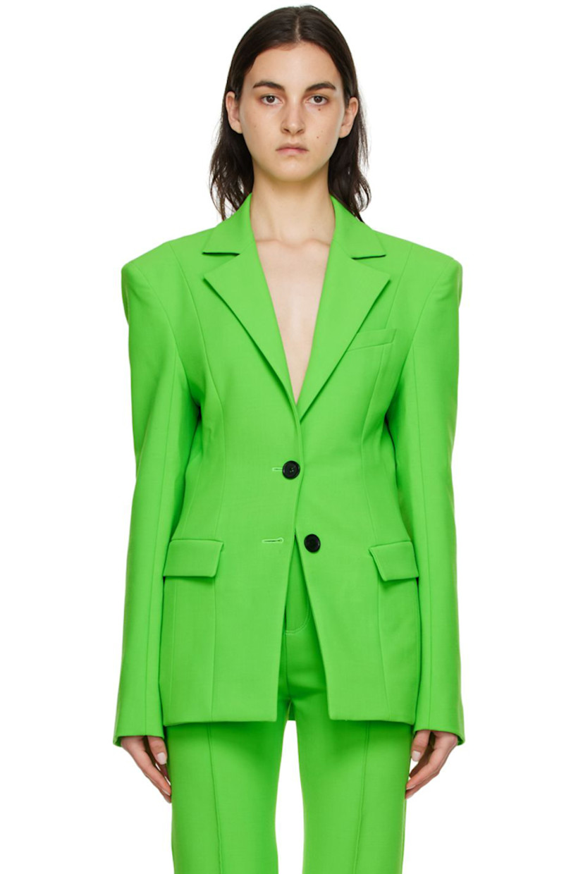 Stretch woven double-faced polyester and virgin wool-blend canvas blazer. 

· Notched lapel 
· Two-button closure
· Welt pocket and flap pockets 
· Four-button surgeon's cuffs
· Central vent at back hem 
· Fully lined

Supplier color: Neon green