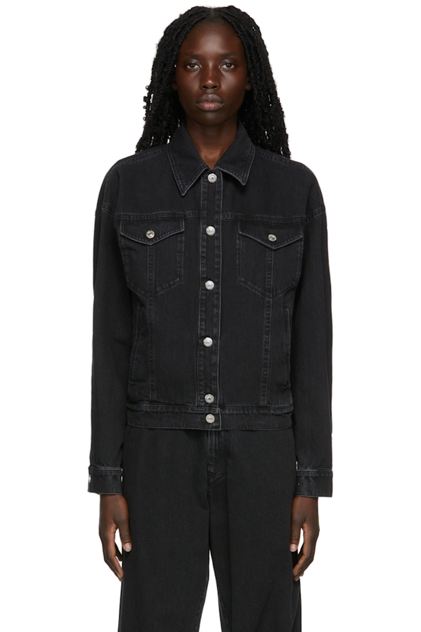 Long sleeve non-stretch denim blazer-style jacket in black. 

· Peaked lapel collar
· Button closure
· Flap pockets at waist
· Fully lined

Available exclusively at SSENSE. 

Supplier color: Black