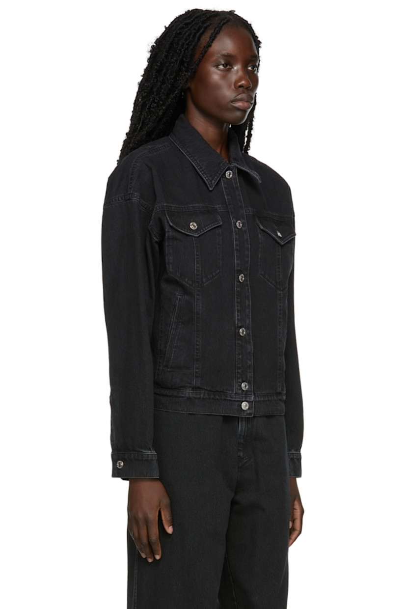 Long sleeve non-stretch denim blazer-style jacket in black. 

· Peaked lapel collar
· Button closure
· Flap pockets at waist
· Fully lined

Available exclusively at SSENSE. 

Supplier color: Black