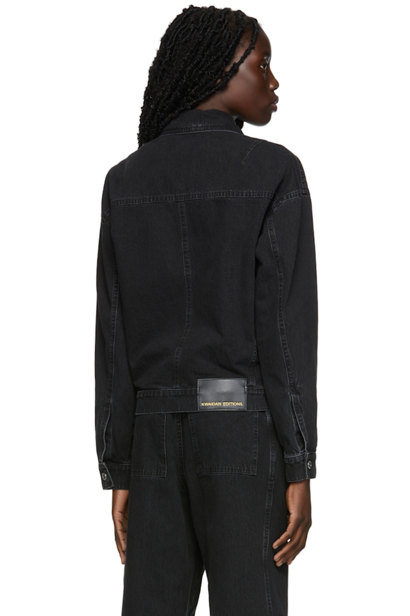 Long sleeve non-stretch denim blazer-style jacket in black. 

· Peaked lapel collar
· Button closure
· Flap pockets at waist
· Fully lined

Available exclusively at SSENSE. 

Supplier color: Black