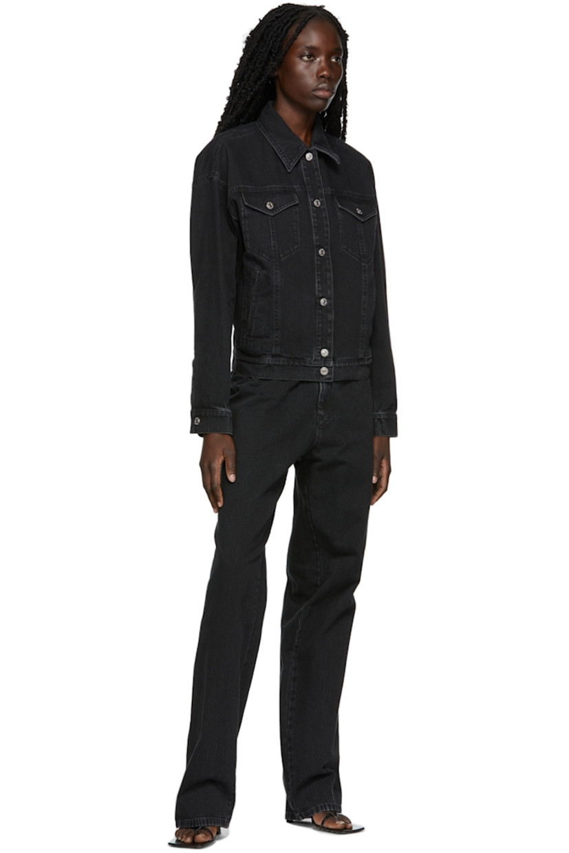 Long sleeve non-stretch denim blazer-style jacket in black. 

· Peaked lapel collar
· Button closure
· Flap pockets at waist
· Fully lined

Available exclusively at SSENSE. 

Supplier color: Black