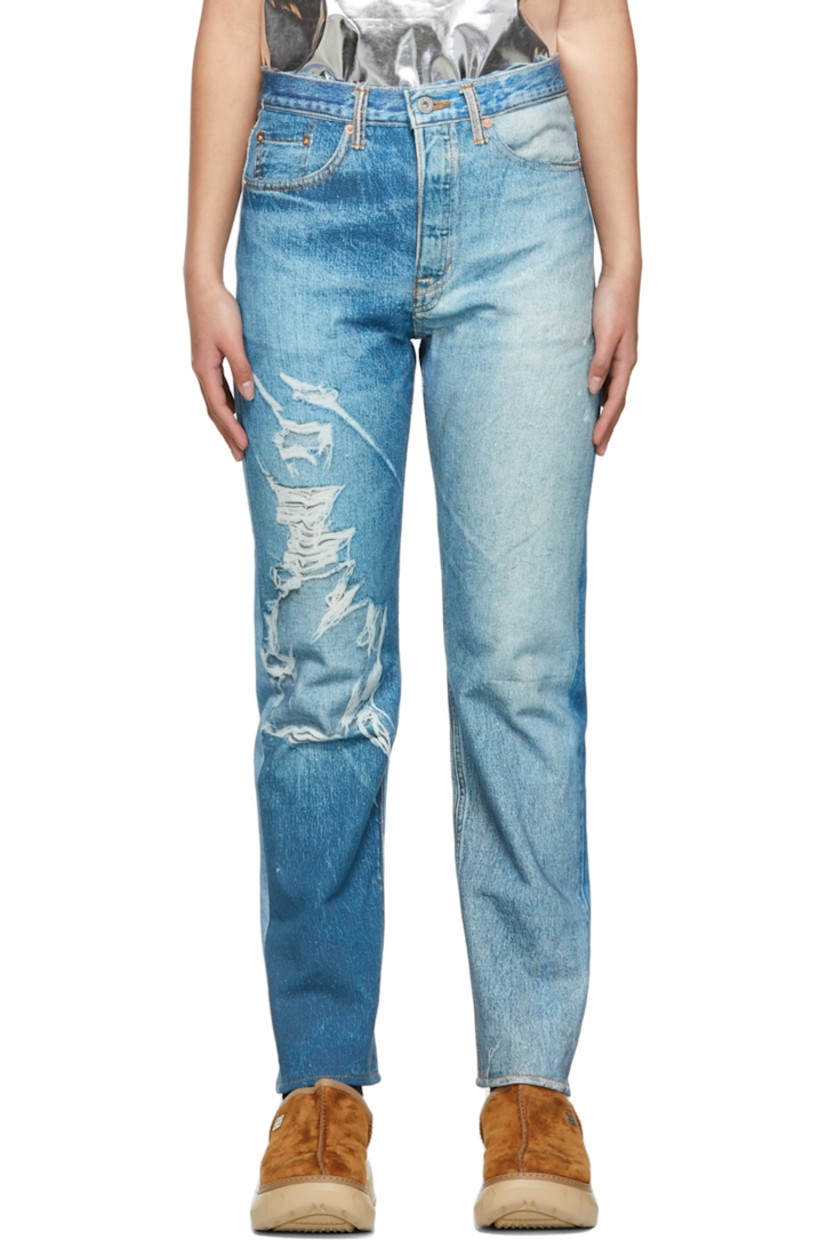 Straight-leg non-stretch denim jeans in blue featuring graphic printed throughout.

· High-rise
· Five-pocket styling
· Belt loops at waistband
· Leather logo patch in tan at back waistband
· Button-fly
· Copper-tone and silver-tone hardware
· Contrast stitching in tan

Supplier color: Indigo