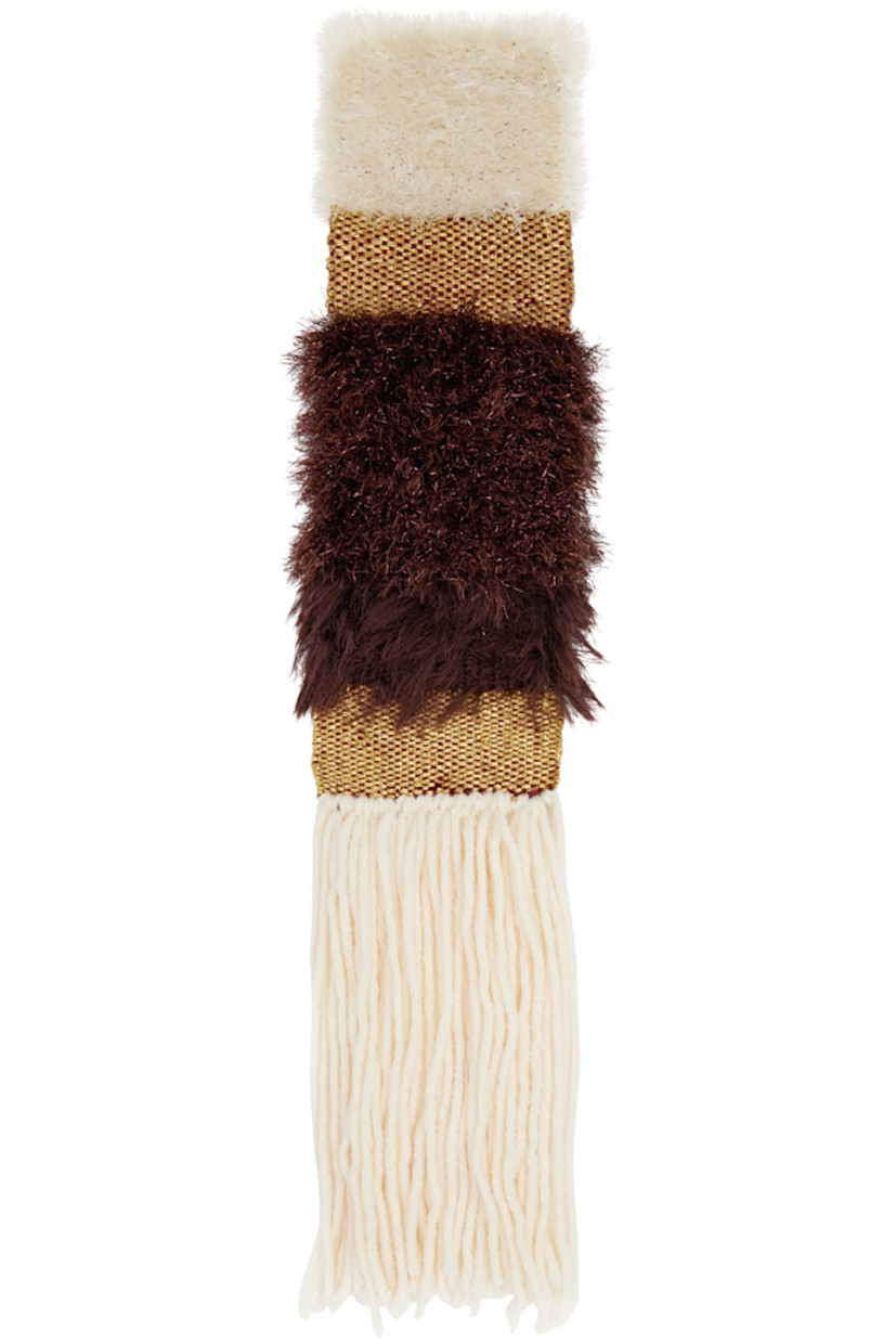 Paneled knit, shag knit, and woven viscose and wool-blend scarf in off-white, brown, and metallic gold-tone.

· Fringed detailing at ends
· H59 x W5 in

Supplier color: Multi