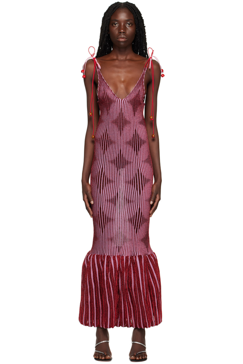 Rib knit merino wool-blend dress. Metallic thread detailing throughout.

· Beaded detailing at adjustable self-tie shoulder straps
· Plunging V-neck 
· Unlined

Available exclusively at SSENSE. 

Supplier color: Pink