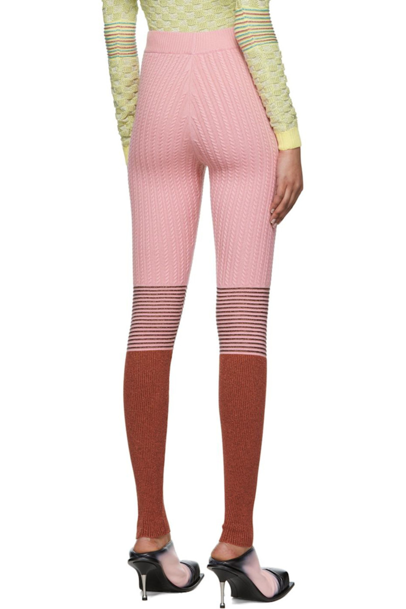 Cable knit and rib knit Lenzing™ viscose-blend leggings. Metallic thread detailing throughout.

· Elasticized waistband
· Stripes at knees

Available exclusively at SSENSE.

Supplier color: Pink/Brown