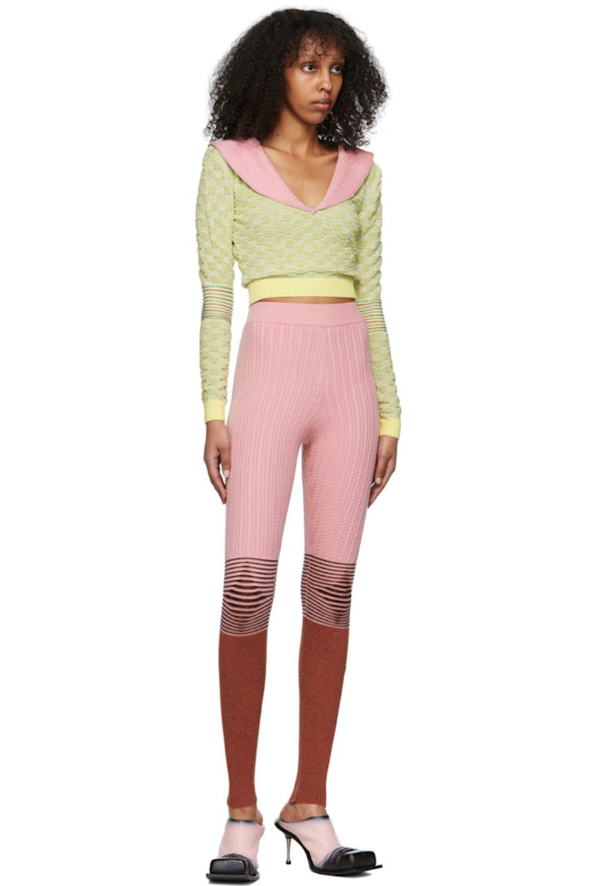 Cable knit and rib knit Lenzing™ viscose-blend leggings. Metallic thread detailing throughout.

· Elasticized waistband
· Stripes at knees

Available exclusively at SSENSE.

Supplier color: Pink/Brown