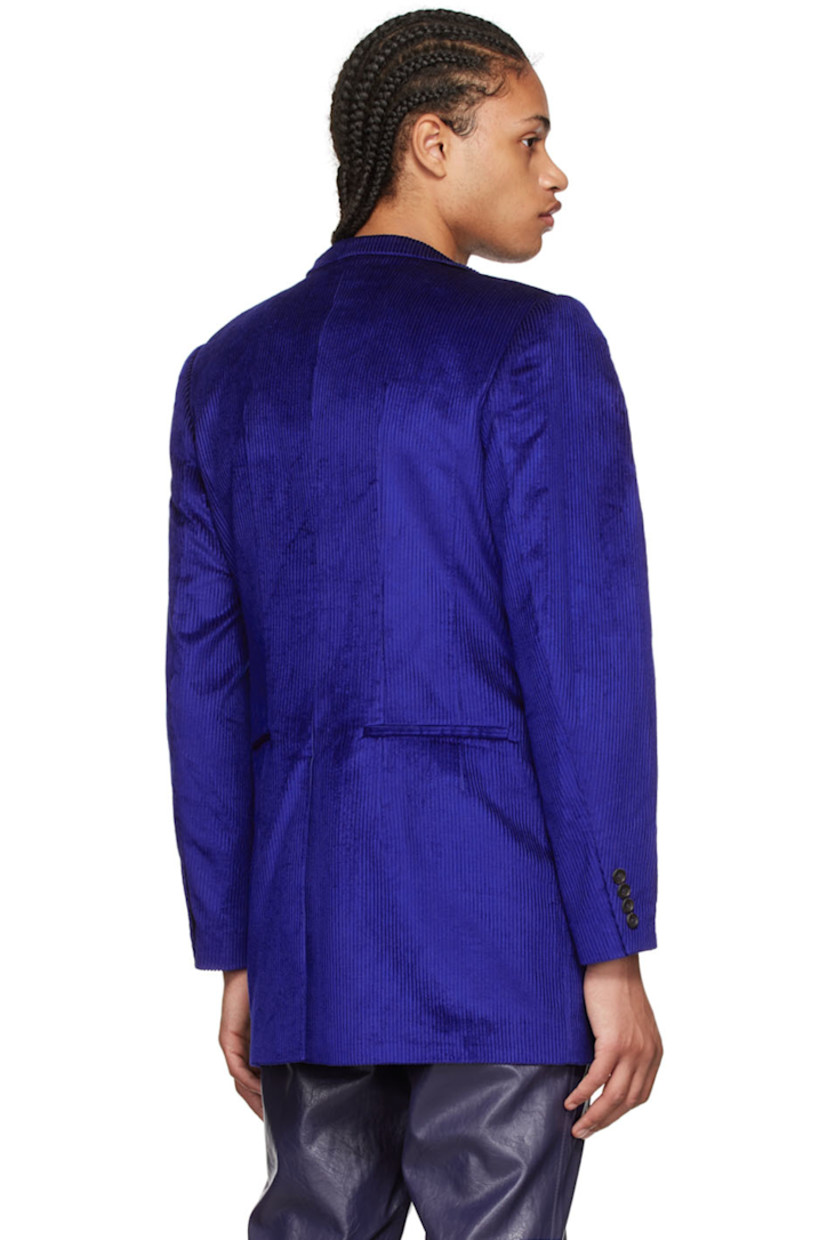 Cotton corduroy blazer. 

· Notched lapel
· Button closure
· Hook-eye fastening at shoulders
· Welt pocket and flap pockets
· Central vent at back hem
· Full viscose satin lining

Supplier color: Dark blue