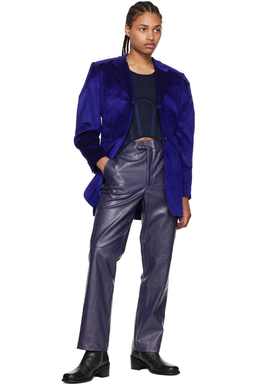 Cotton corduroy blazer. 

· Notched lapel
· Button closure
· Hook-eye fastening at shoulders
· Welt pocket and flap pockets
· Central vent at back hem
· Full viscose satin lining

Supplier color: Dark blue